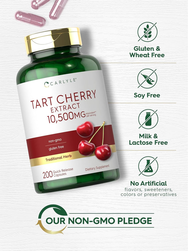 Tart Cherry bottle: Gluten & Wheat Free, Soy Free, Milk & Lactose Free, No Artificial Flavors/Sweeteners/Colors/Preservatives, Non-GMO
