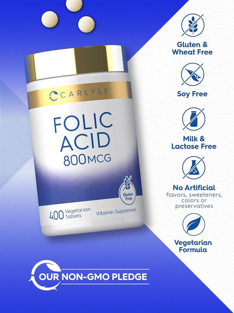Folic Acid bottle with icons indicating Gluten & Wheat Free, Soy Free, Milk & Lactose Free, No Artificial Flavors/Sweeteners/Colors/Preservatives, Vegetarian Formula.