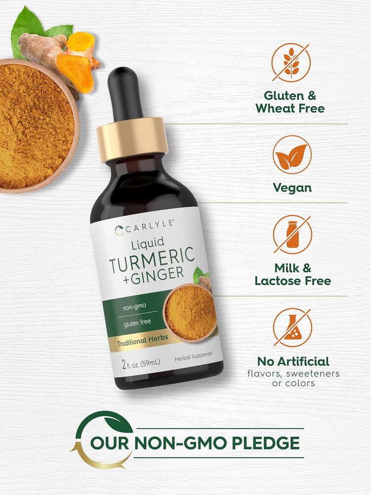 Carlyle Liquid Turmeric + Ginger herbal supplement in a 2 fl. oz. (59mL) bottle with a dropper top.