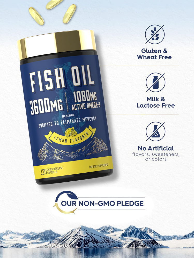 Omega-3 Fish Oil bottle with icons indicating gluten, wheat, milk, lactose free; no artificial flavors, sweeteners, colors; non-GMO.