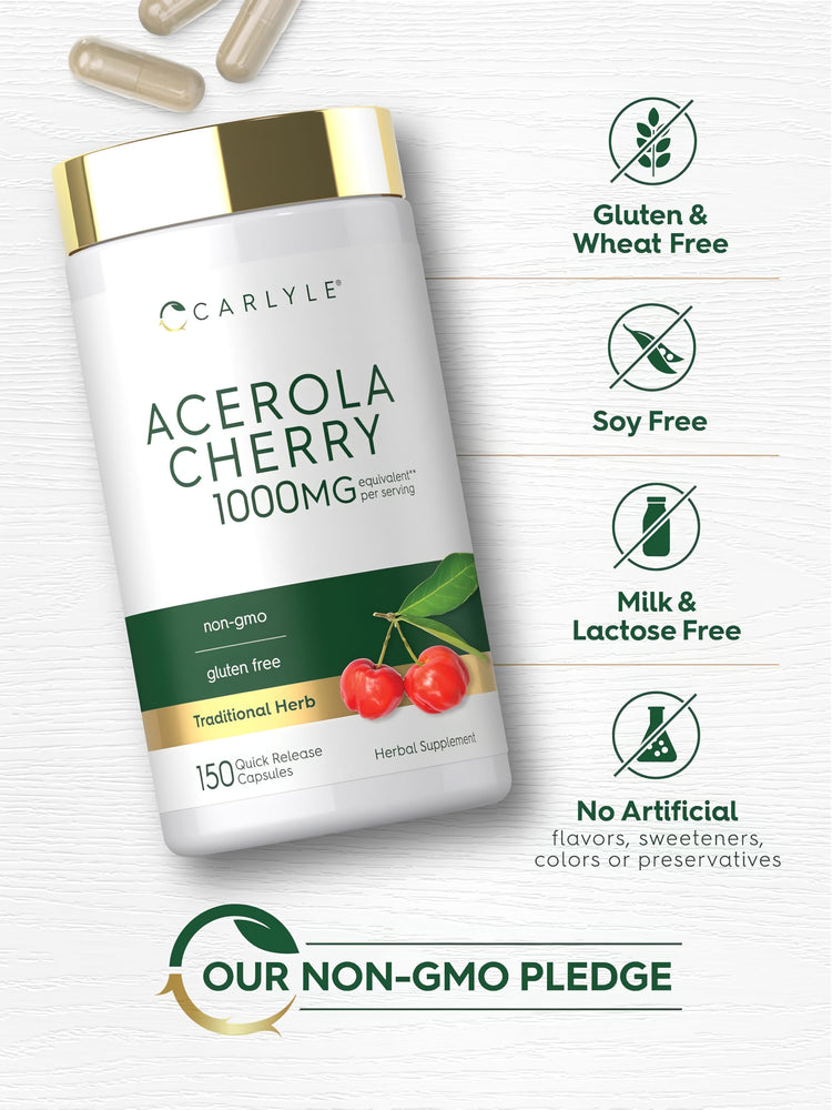 Acerola Cherry bottle with icons indicating gluten, soy, milk free; no artificial flavors, colors; non-GMO; no preservatives.