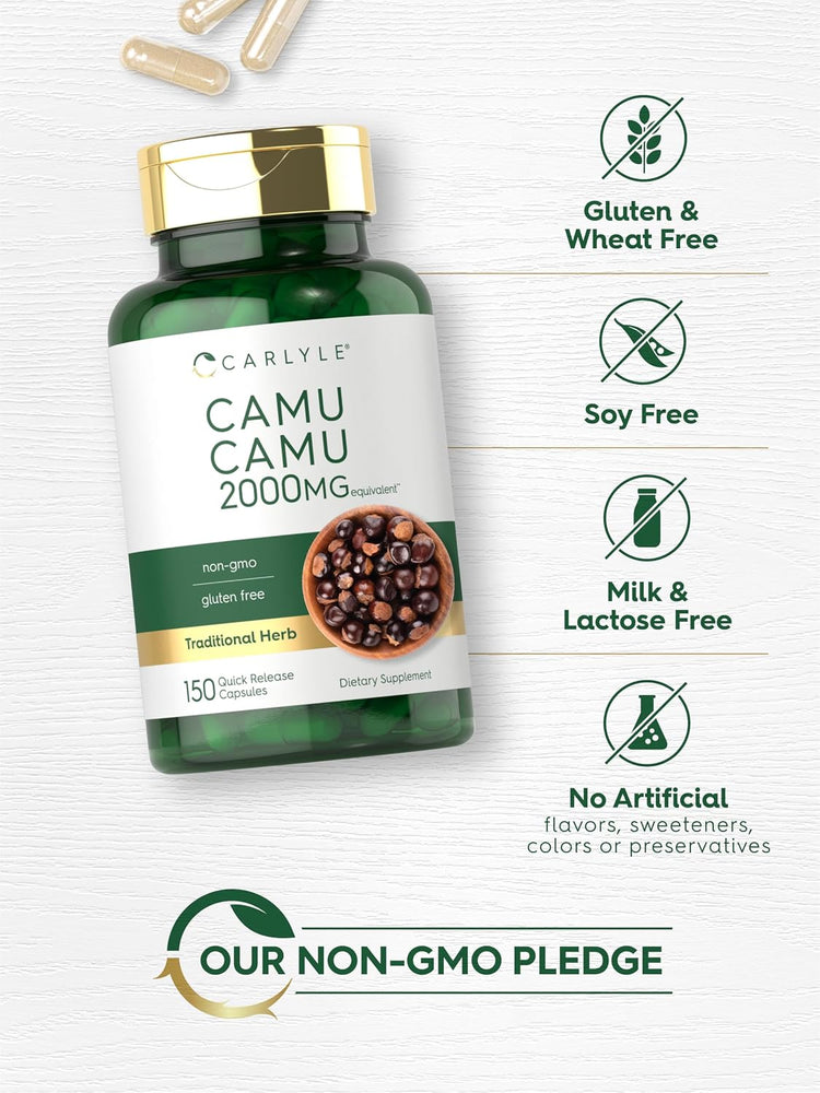 Camu Camu bottle with icons indicating Gluten & Wheat Free, Soy Free, Milk & Lactose Free, No Artificial Flavors, Non-GMO.