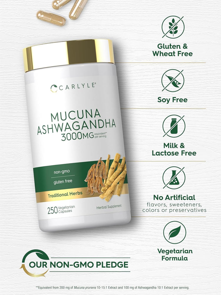 Mucuna Ashwagandha bottle: Gluten & Wheat Free, Soy Free, Milk & Lactose Free, No Artificial Flavors/Sweeteners/Colors/Preservatives, Vegetarian, Non-GMO.