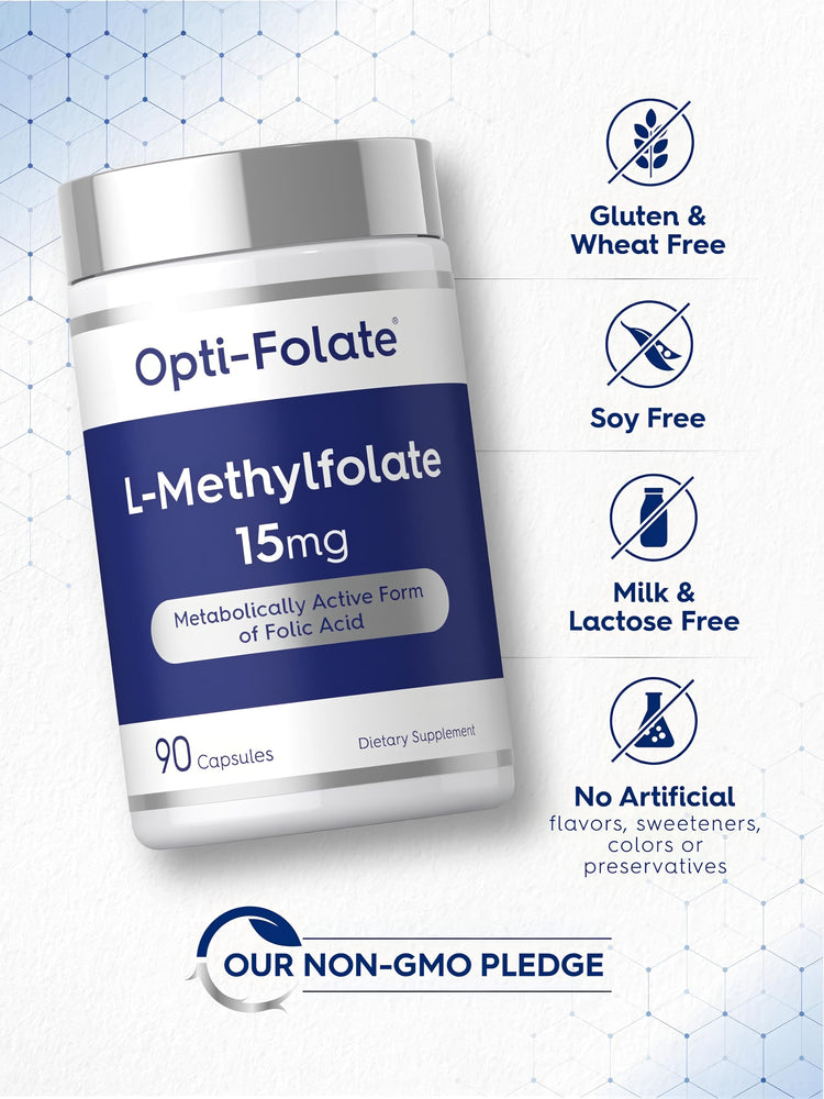 Opti-Folate L-Methylfolate bottle with icons indicating Gluten & Wheat Free, Soy Free, Milk & Lactose Free, No Artificial Flavors, Non-GMO.