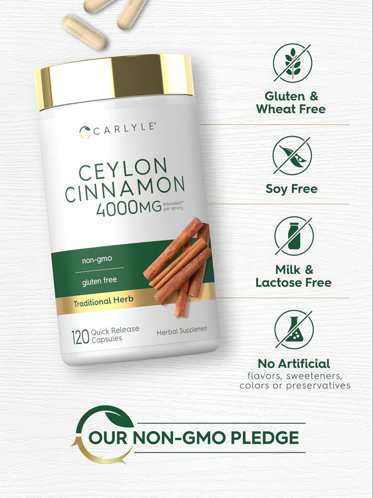Ceylon Cinnamon bottle: Gluten & Wheat Free, Soy Free, Milk & Lactose Free, No Artificial Flavors/Sweeteners/Colors/Preservatives, Non-GMO