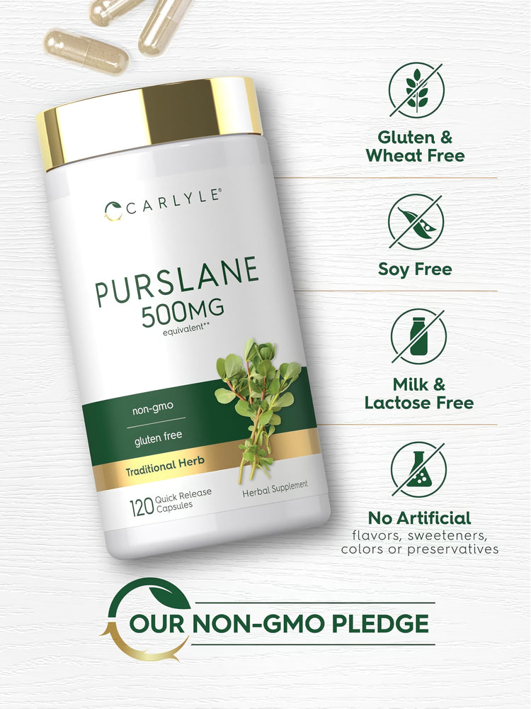 Purslane bottle with icons indicating Gluten & Wheat Free, Soy Free, Milk & Lactose Free, No Artificial Flavors/Sweeteners, Non-GMO.