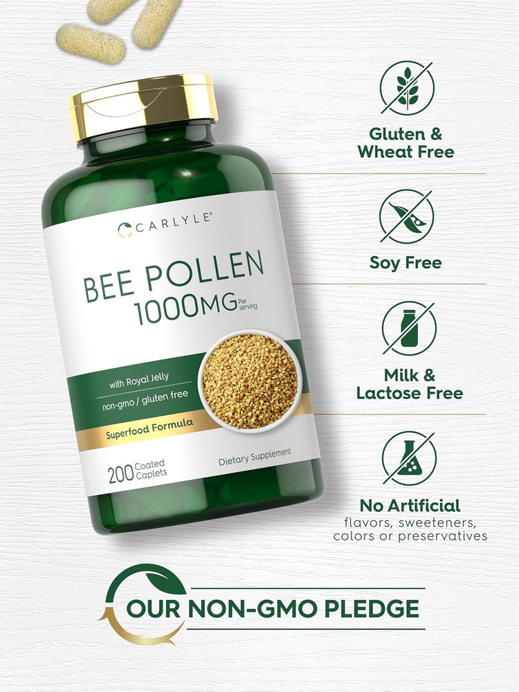 Bee Pollen bottle: Gluten & Wheat Free, Soy Free, Milk & Lactose Free, No Artificial Flavors/Sweeteners/Colors/Preservatives, Non-GMO