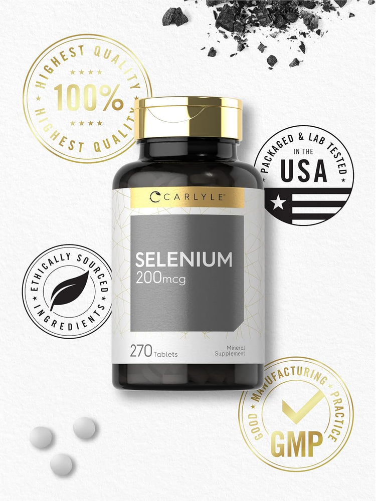 CARLYLE Selenium 200mcg 270 Tablets. Mineral supplement with three loose white tablets visible.