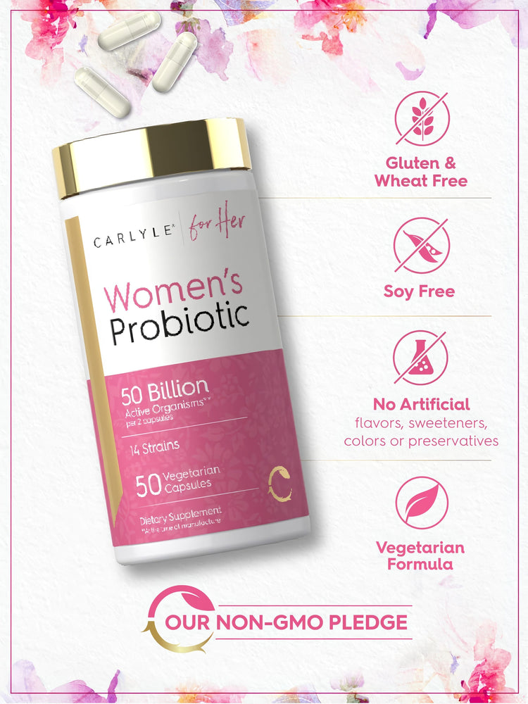 Women's Probiotic bottle with icons indicating Gluten & Wheat Free, Soy Free, No Artificial Flavors, Vegetarian, Non-GMO.