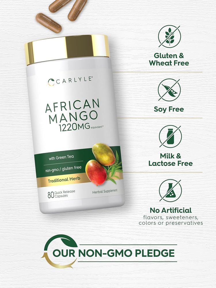 Carlyle African Mango with Green Tea, 1220mg, 80 quick-release capsules in a bottle.