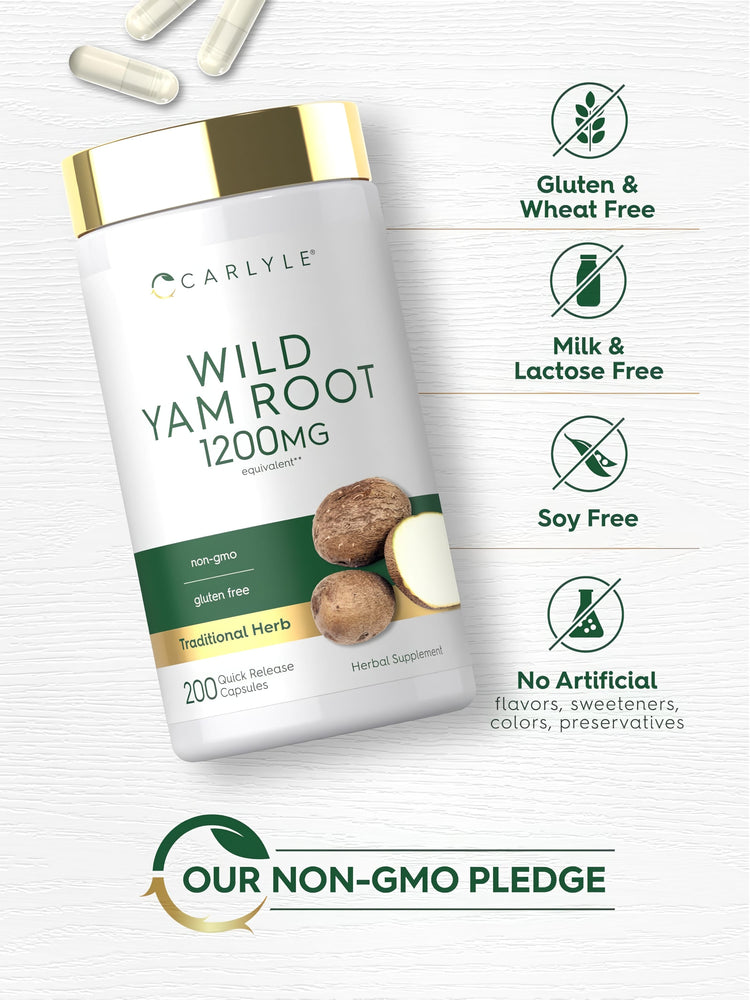 Wild Yam Root bottle with icons indicating Gluten & Wheat Free, Milk & Lactose Free, Soy Free, No Artificial elements, Non-GMO.