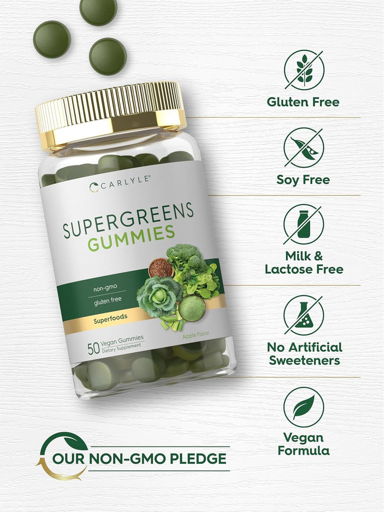 Carlyle Supergreens 50 Vegan Gummies in apple flavor. Jar with three loose green gummies on display.