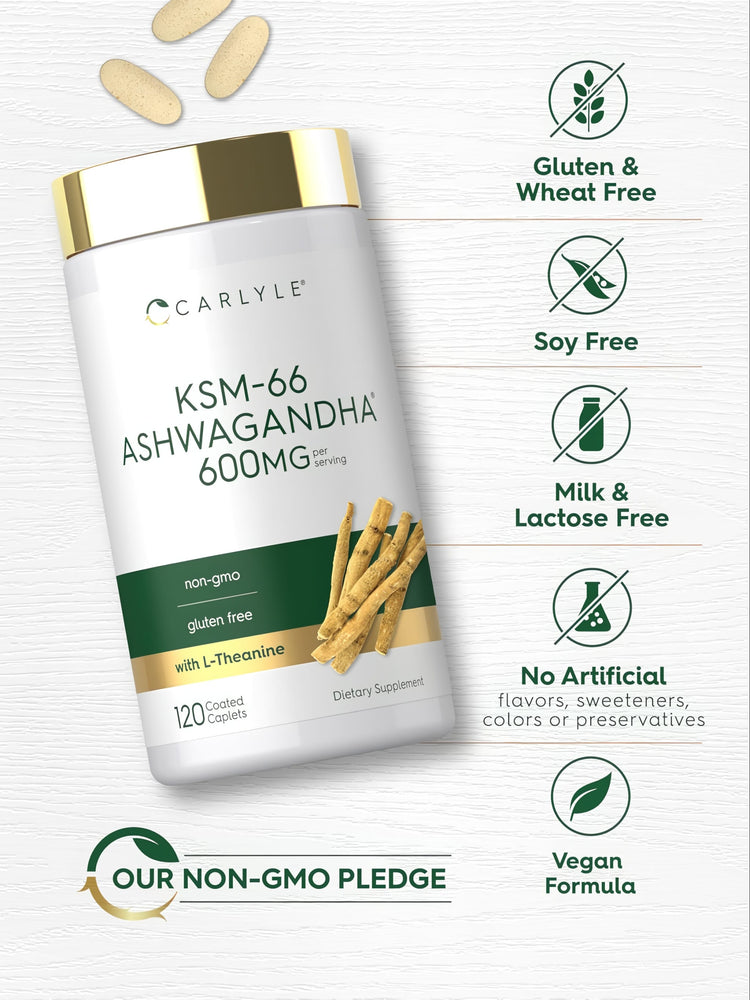 Carlyle KSM-66 Ashwagandha 600MG per serving, with L-Theanine. Contains 120 coated caplets, dietary supplement.