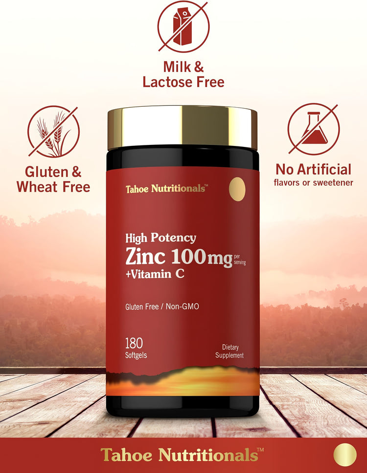 Vitamin C + Zinc bottle with icons indicating gluten & wheat free, milk & lactose free, no artificial flavors or sweeteners.