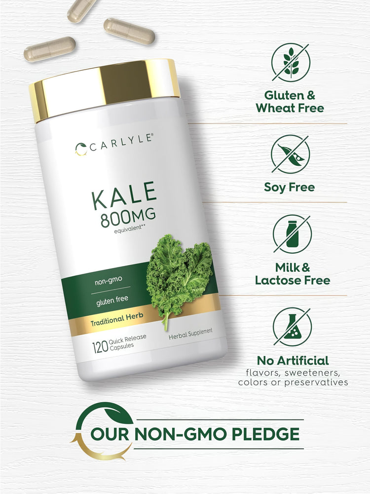 Kale bottle with icons indicating gluten & wheat free, soy free, milk & lactose free, no artificial flavors, non-GMO.