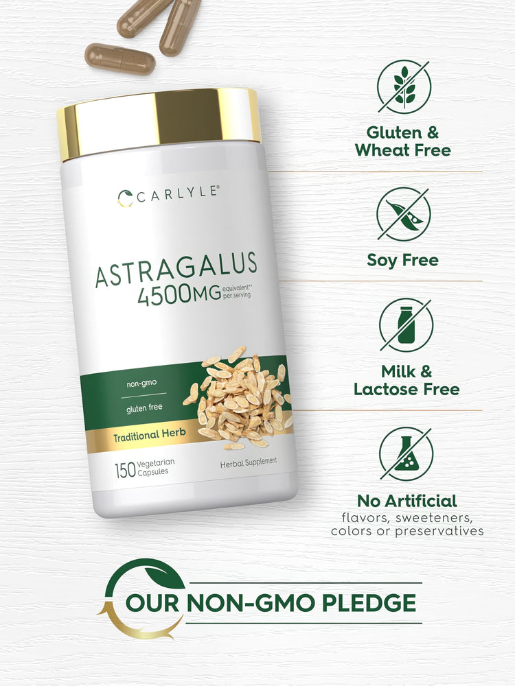 Carlyle Astragalus bottle with icons indicating Gluten & Wheat Free, Soy Free, Milk & Lactose Free, No Artificial Flavors, Non-GMO.