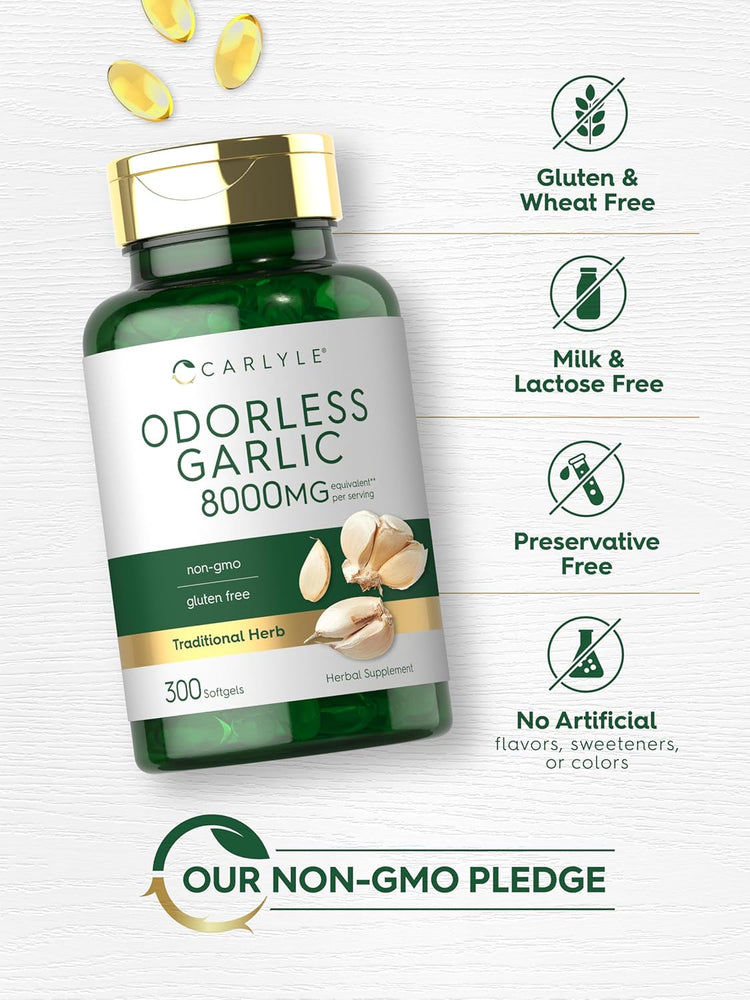Carlyle Odorless Garlic 8000mg per serving, non-GMO, gluten-free, 300 softgels.