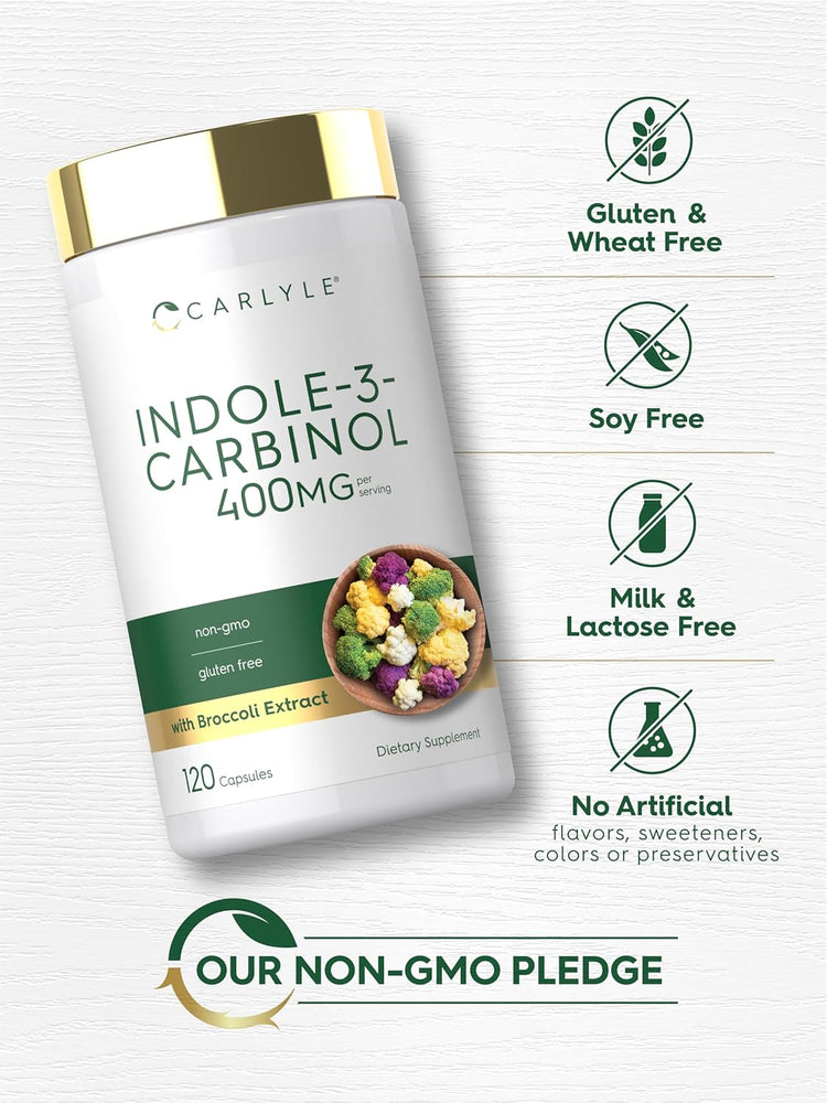 Indole-3-Carbinol bottle: Gluten & Wheat Free, Soy Free, Milk & Lactose Free, No Artificial Flavors/Sweeteners/Colors/Preservatives, non-gmo