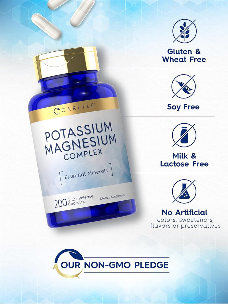 Potassium Magnesium bottle: Gluten & Wheat Free, Soy Free, Milk & Lactose Free, No Artificial Colors/Sweeteners/Flavors/Preservatives, Non-GMO