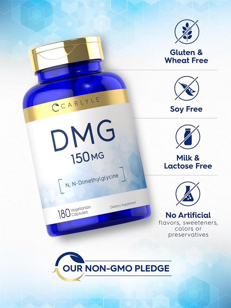 DMG bottle: Gluten & Wheat Free, Soy Free, Milk & Lactose Free, No Artificial Flavors/Sweeteners/Colors/Preservatives, Non-GMO
