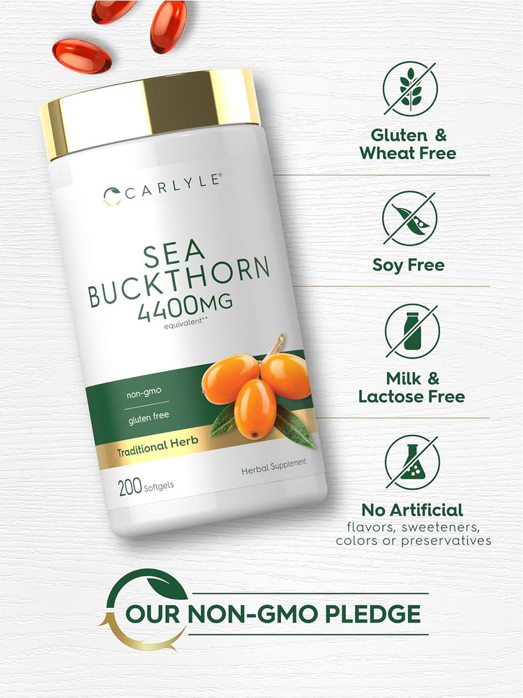 Sea Buckthorn bottle: Gluten & Wheat Free, Soy Free, Milk & Lactose Free, No Artificial Flavors/Sweeteners/Colors/Preservatives, Non-GMO