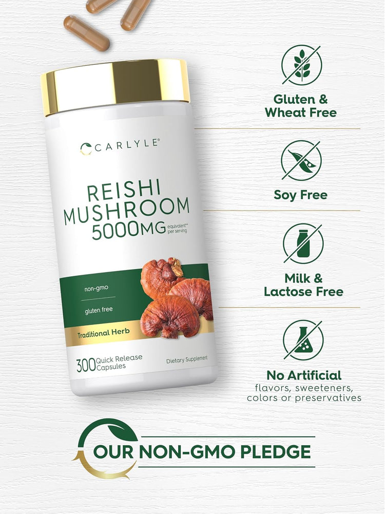 Reishi Mushroom bottle with icons indicating Gluten & Wheat Free, Soy Free, Milk & Lactose Free, No Artificial Flavors/Sweeteners/Colors/Preservatives, Non-GMO
