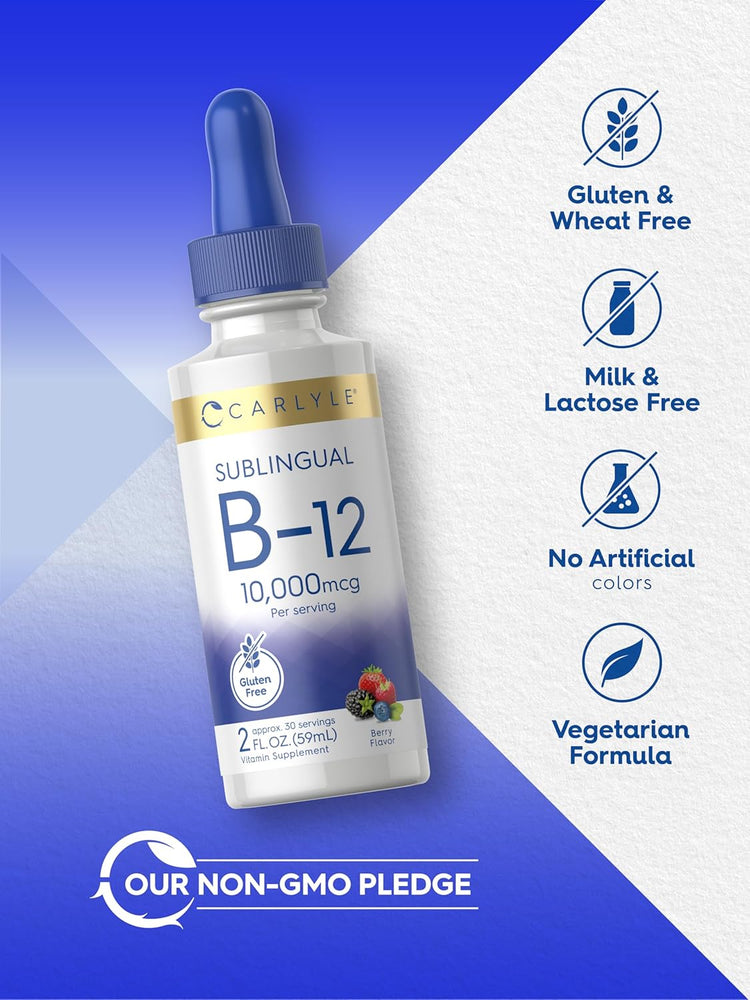 Bottle of B-12 Liquid: Gluten & Wheat Free, Milk & Lactose Free, No Artificial colors, Vegetarian Formula, Non-GMO.