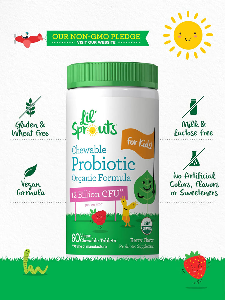 Probiotic bottle with icons indicating gluten, wheat, milk, lactose free, vegan, no artificial colors/flavors, non-GMO, USDA organic.