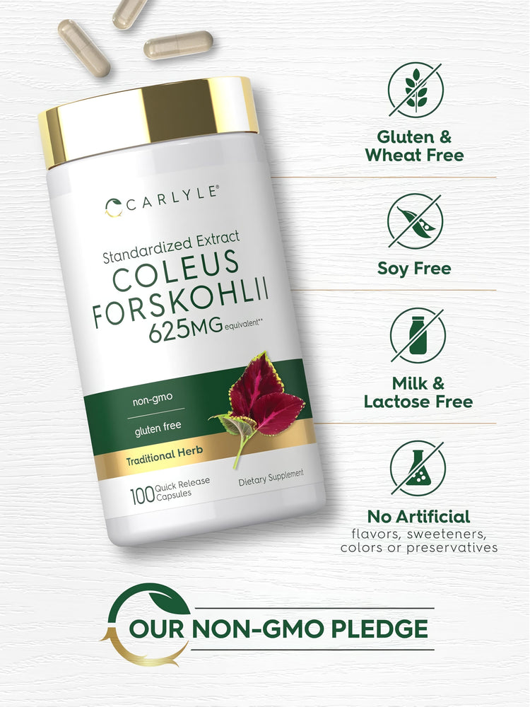 Coleus Forskohlii bottle with icons indicating gluten-free, soy-free, milk-free, no artificial ingredients, and non-GMO.