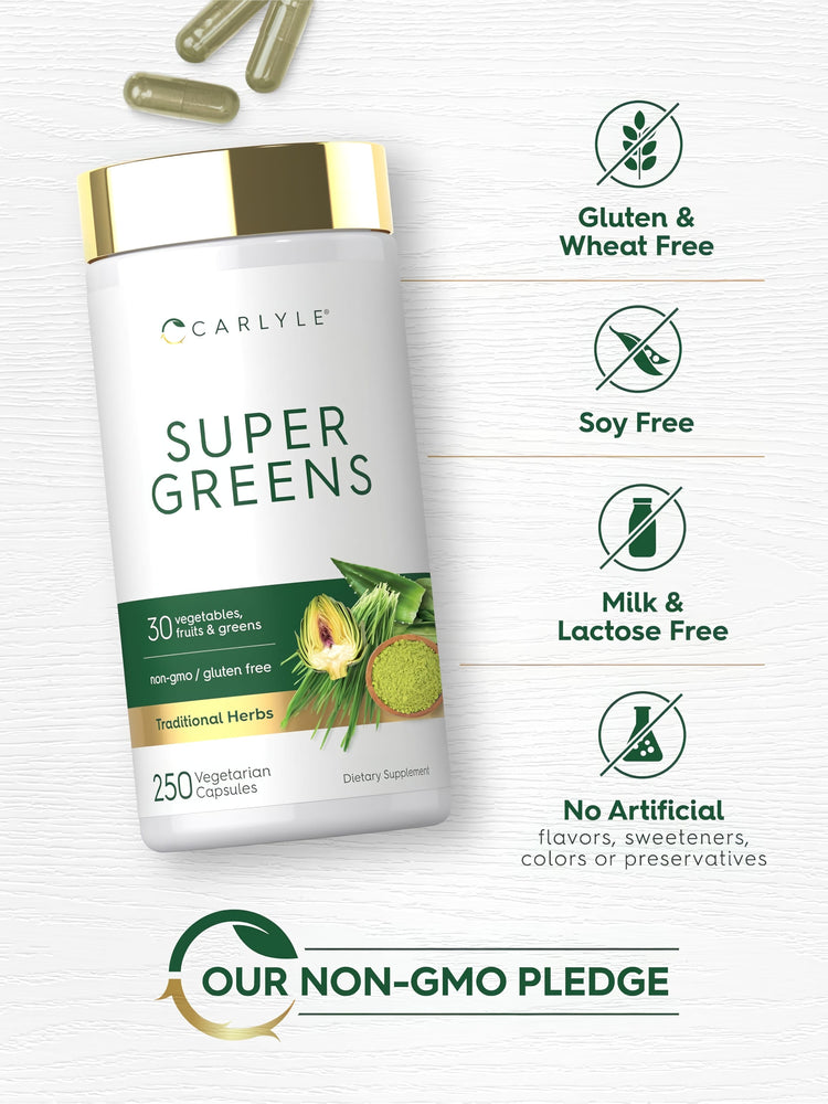 Carlyle Super Greens 250 Vegetarian Capsules bottle. Label reads: '30 vegetables, fruits & greens', 'non-gmo / gluten free', 'Traditional Herbs'.