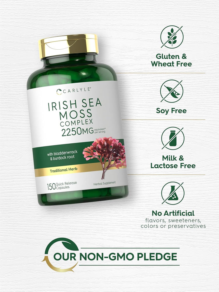Carlyle Irish Sea Moss Complex 2250MG with bladderwrack and burdock root, 150 Quick Release Capsules.