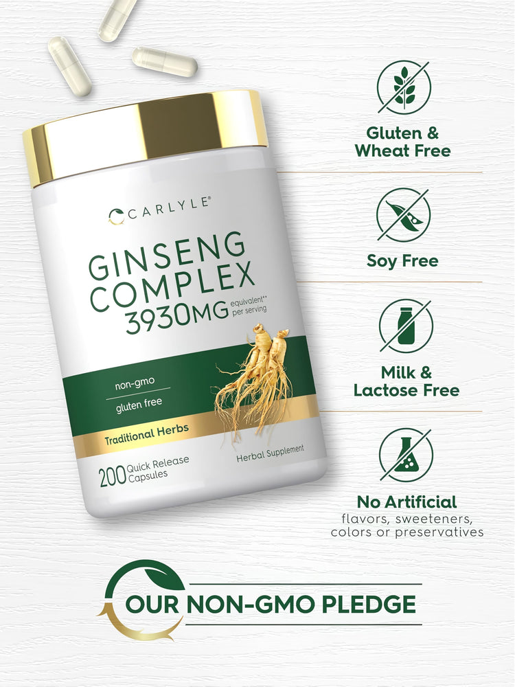 Ginseng Complex bottle with icons indicating Gluten, Wheat, Soy, Milk, and Lactose Free; No Artificial Flavors, Sweeteners, Colors, Preservatives; Non-GMO.