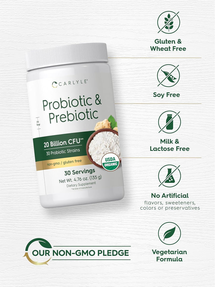 Carlyle Probiotic & Prebiotic powder, 4.76 oz (135 g), 20 Billion CFU, 30 Probiotic Strains, non-gmo, gluten free, USDA Organic.