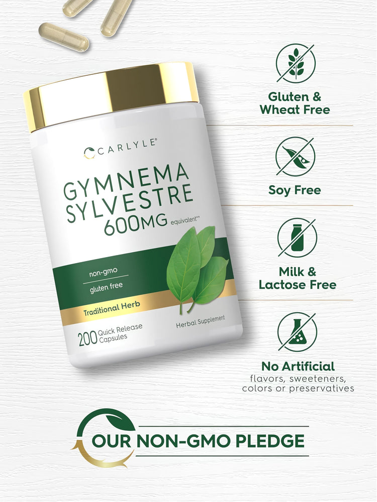 Gymnema Sylvestre bottle with icons indicating Gluten, Wheat, Soy, Milk, Lactose Free, No Artificial Additives, Non-GMO.
