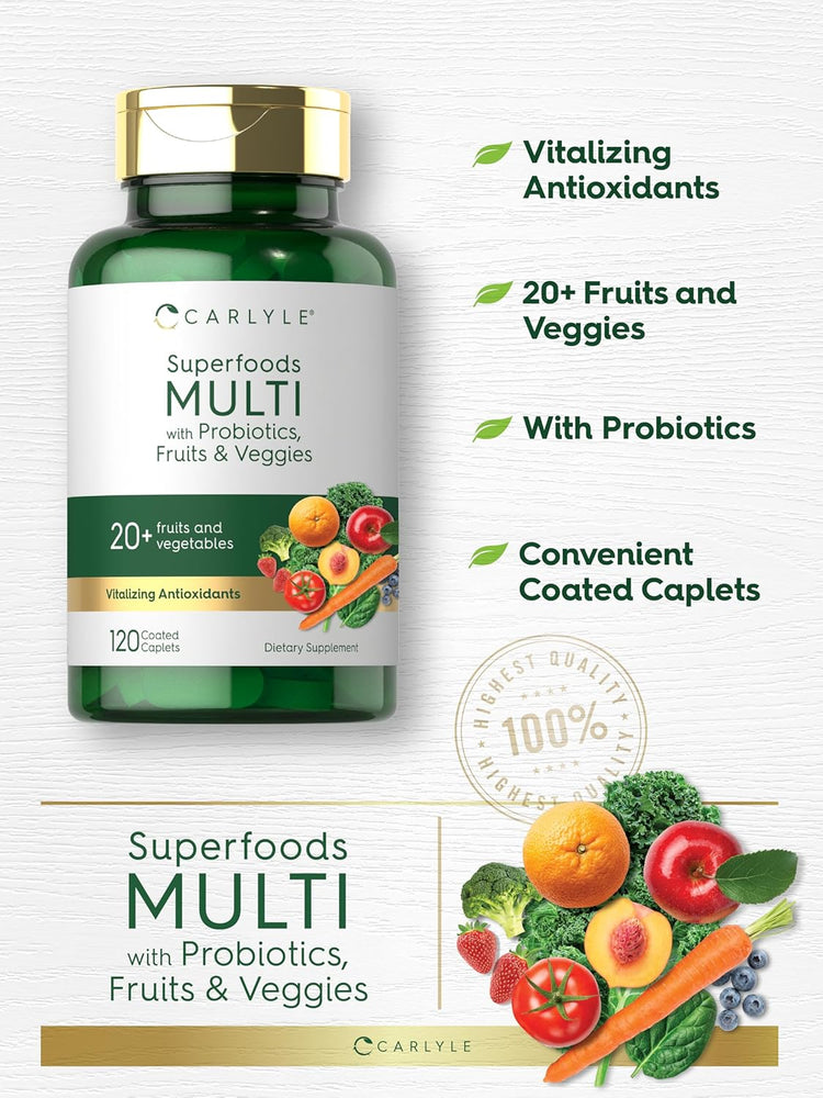 Carlyle Superfoods Multi with Probiotics, Fruits, and Veggies in 120 coated caplets.