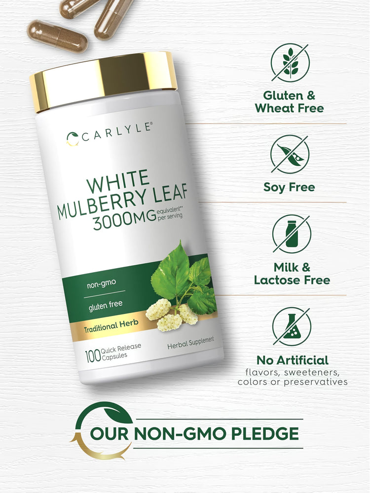 White Mulberry Leaf bottle with icons indicating Gluten, Wheat, Soy, Milk, Lactose Free. No Artificial Flavors, Non-GMO.