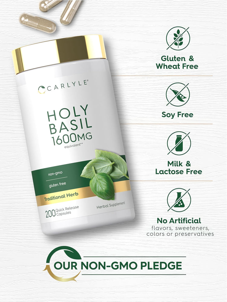 Holy Basil bottle with icons indicating Gluten Free, Soy Free, Lactose Free, No Artificial Flavors, Non-GMO, No Preservatives.