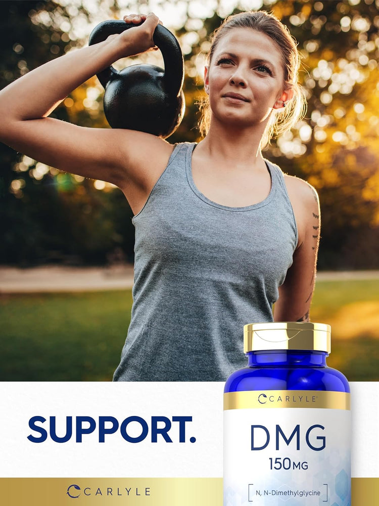 A young adult woman exercises with a kettlebell outdoors next to a DMG supplement bottle.