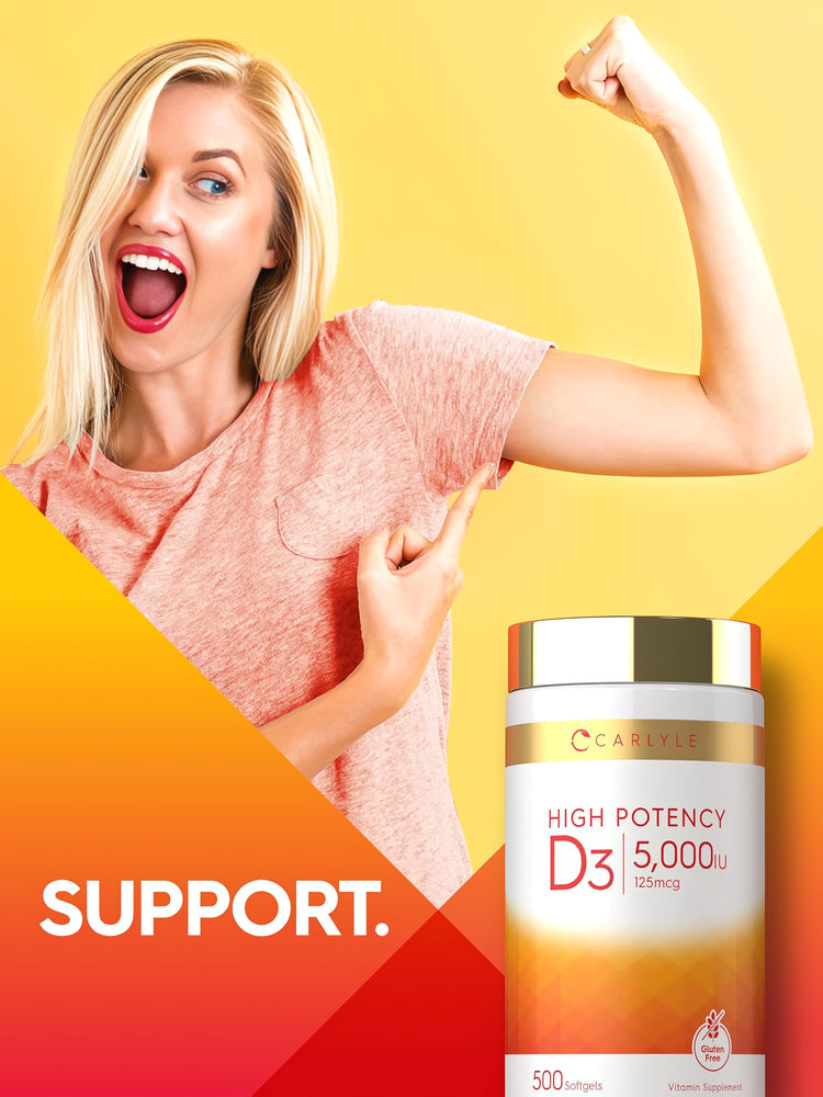 Young woman flexes her bicep with enthusiasm, pointing to it beside a Carlyle D3 bottle, showing support.