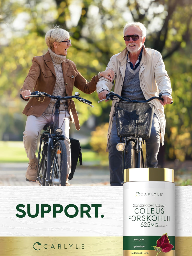 Elderly couple biking outdoors with a Carlyle Coleus Forskohlii bottle in view.