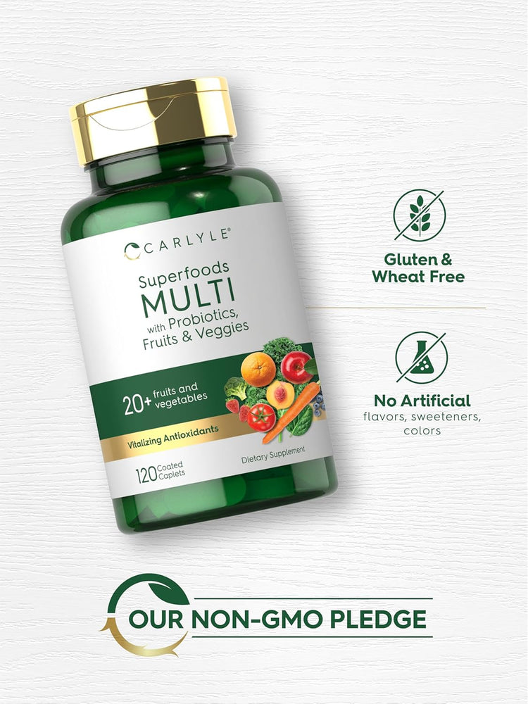 Carlyle Superfoods MULTI bottle with probiotics, fruits, and veggies, containing 120 coated caplets.