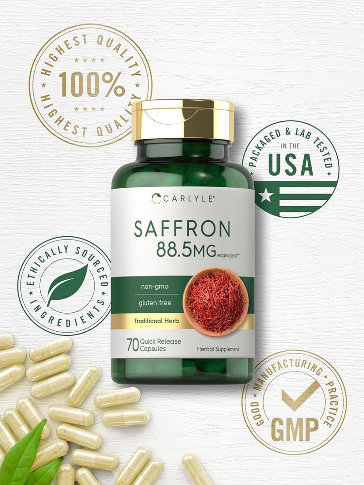 Carlyle Saffron 88.5mg equivalent, 70 Quick Release Capsules bottle on display.