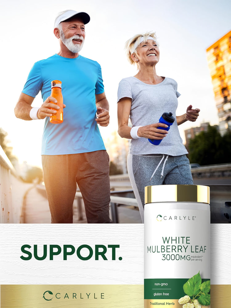 A senior couple jogging outdoors, smiling, while holding a White Mulberry Leaf bottle.