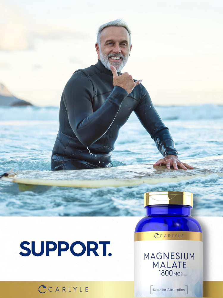Older man surfing, giving a shaka sign, with a bottle of Carlyle Magnesium Malate and 'SUPPORT' text visible.