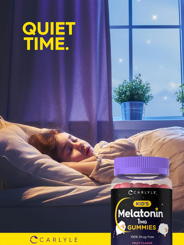 Young girl sleeps soundly in bed with 'QUIET TIME.' text beside a Carlyle Kid's Melatonin Gummies bottle.