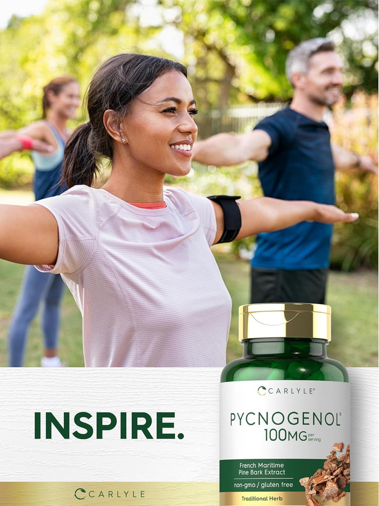 Three adults exercising outdoors with arms outstretched next to a Carlyle Pycnogenol 100 mg bottle.