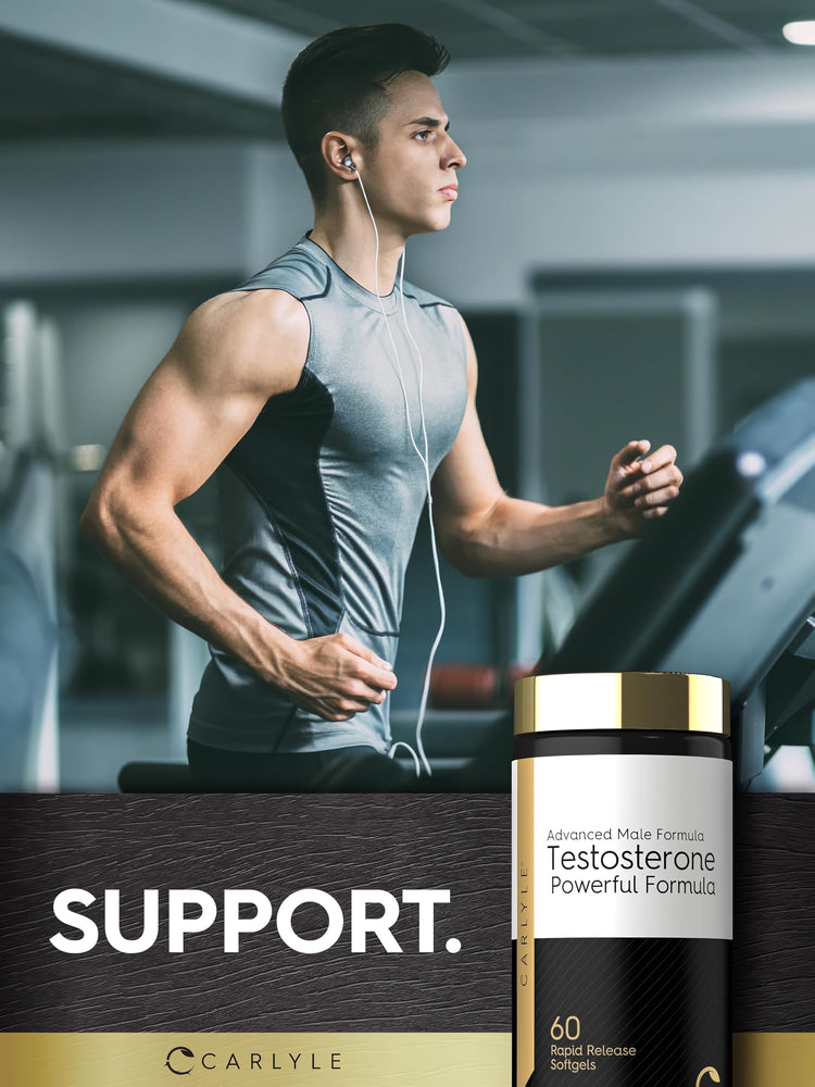 A young man jogs on a treadmill while holding a bottle of Carlyle Testosterone.