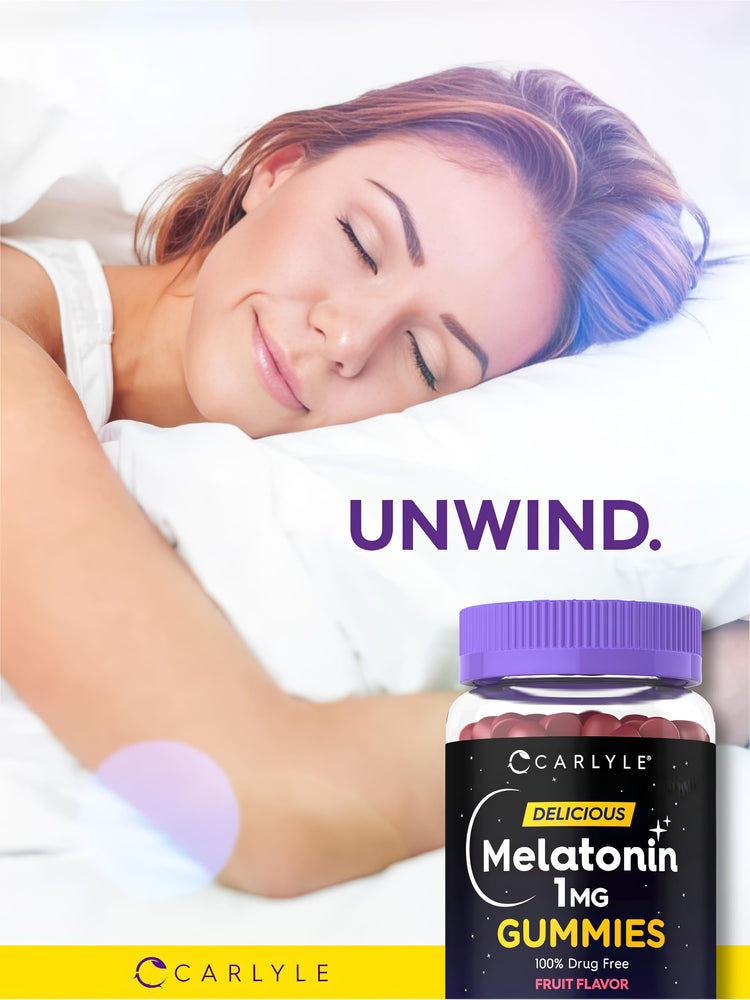 A young adult woman sleeps soundly in bed next to a bottle of Carlyle Melatonin 1mg Gummies.