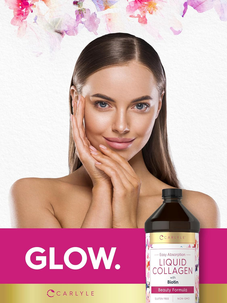 A young woman touches her face while posing next to a bottle of Carlyle Liquid Collagen.