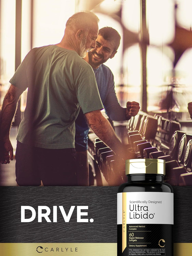 Two men smiling in a gym next to a bottle of Ultra Libido.